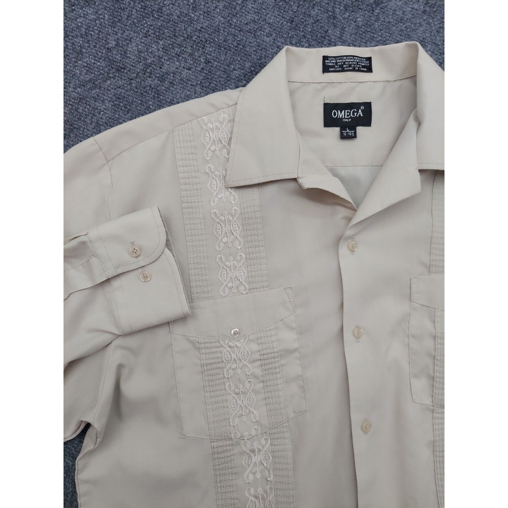 Omega Guayabera Shirt Mens Large Beige Embroidered Long Sleeves Italy Wedding